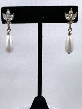 Gold Toned Jeweled Post Earrings with Faux Drop Pearls